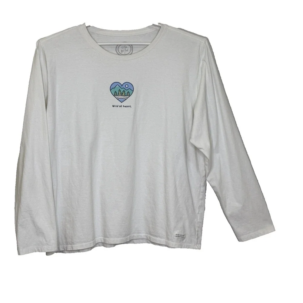 Life is Good Relaxed Fit T-Shirt Womens XXL Off White Wild at Heart Long Sleeve